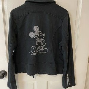 Disney Parks Mickey Mouse Sequin Rhinestone Zip Black Moto Jacket, L  90’s Style